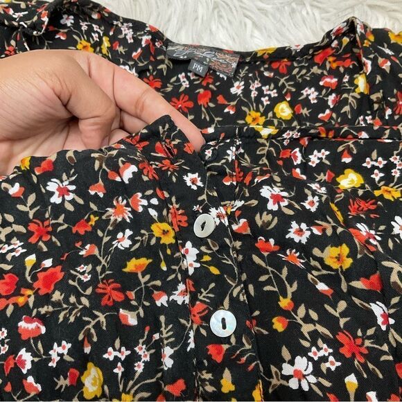 J Gee Black Red Ditsy Floral Button-Up 3/4 Sleeve Midi Boho Dress Medium Petite - Picture 12 of 12